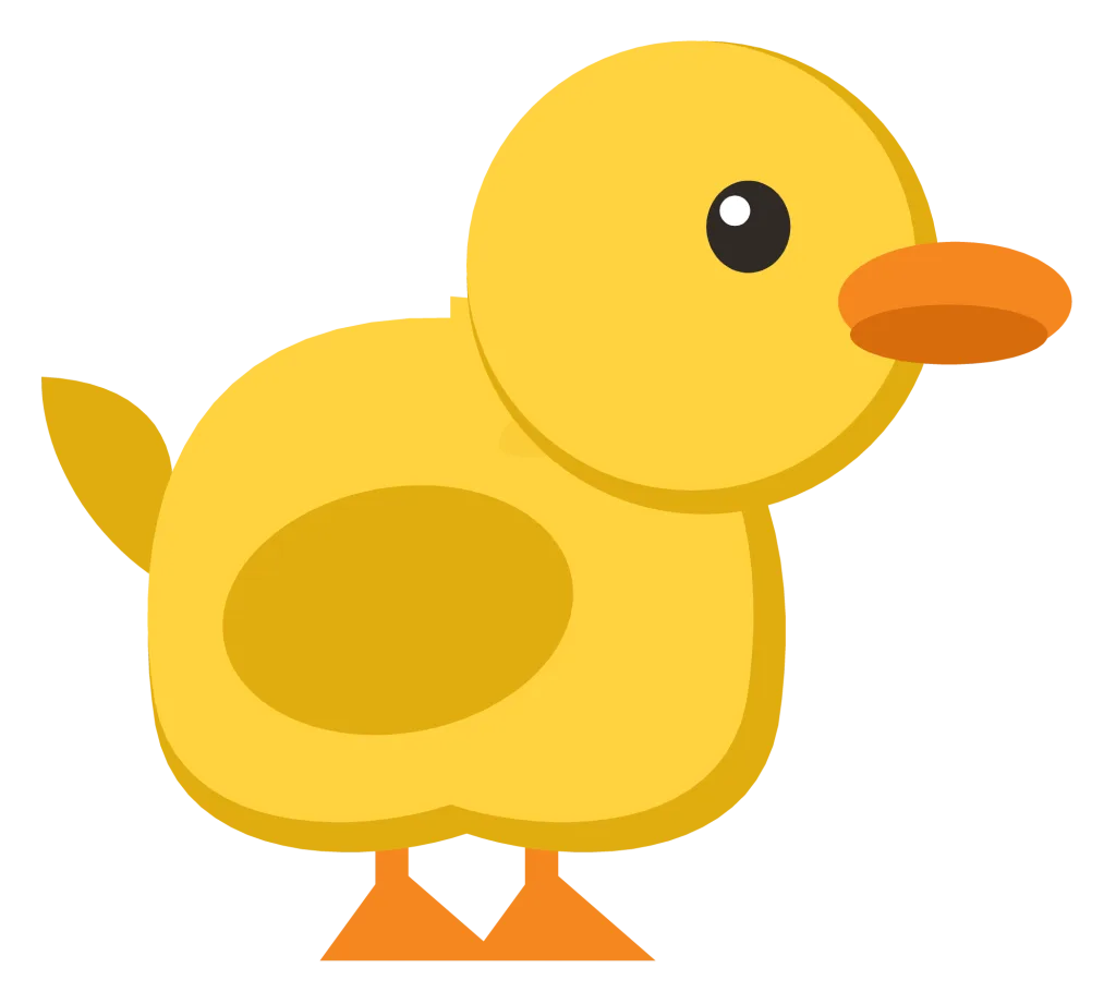 A small yellow duckling in side view with an orange beak, a folded wing and webbed feet.