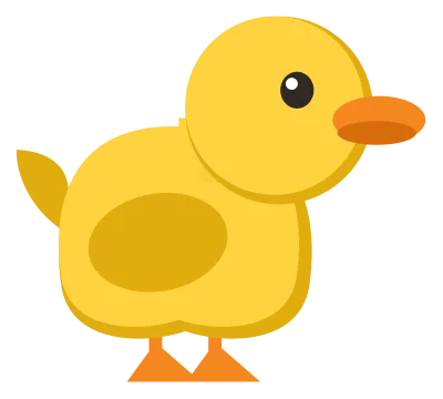 A small yellow duckling in side view with an orange beak, a folded wing and webbed feet.