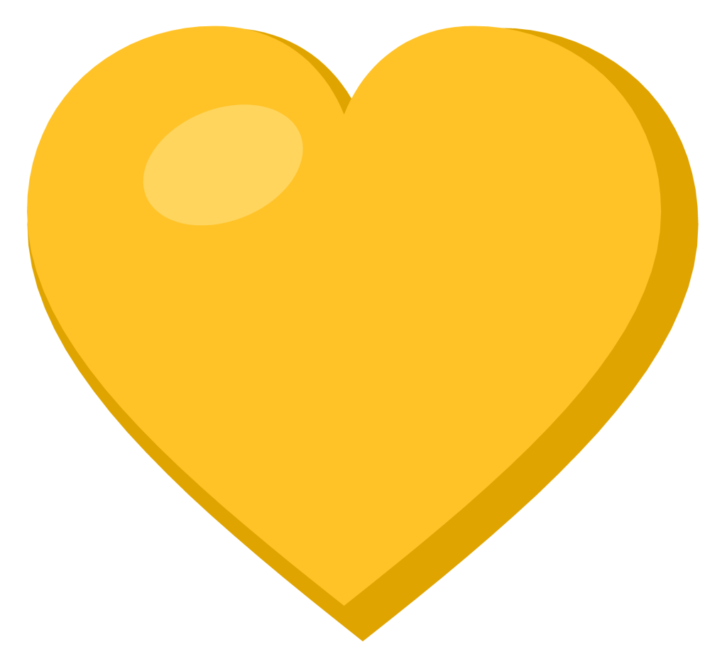 A solid yellow heart with a soft highlight on the upper left lobe, drawn as a flat symbol.