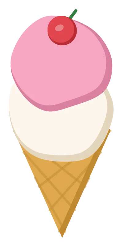 A waffle cone holding two scoops of ice cream in pink and cream with a cherry on top.