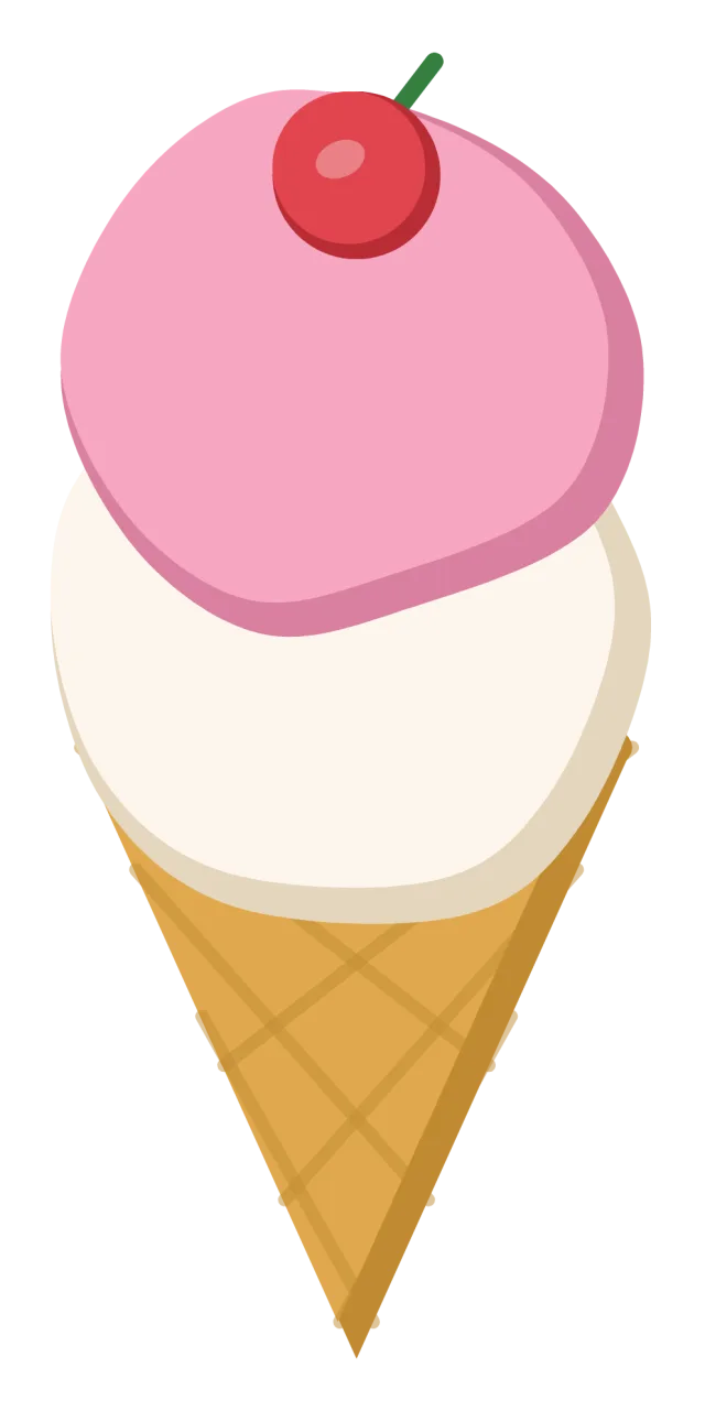A waffle cone holding two scoops of ice cream in pink and cream with a cherry on top.