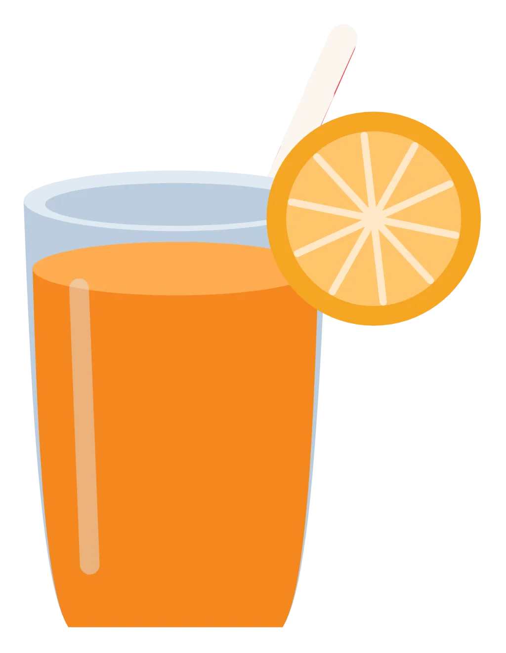 A tall glass of orange juice with a striped straw and a slice of orange on the rim.