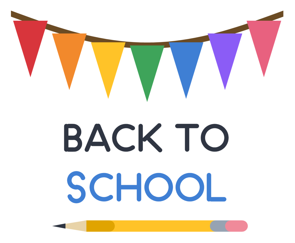 A string of coloured pennant flags above the words Back to School, underlined by a pencil.