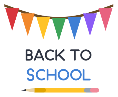 A string of coloured pennant flags above the words Back to School, underlined by a pencil.