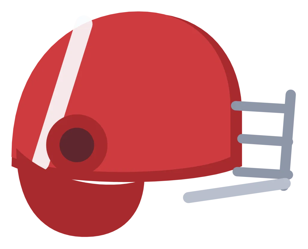 A red american football helmet in side view with a grey facemask and a white stripe.