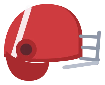 A red american football helmet in side view with a grey facemask and a white stripe.