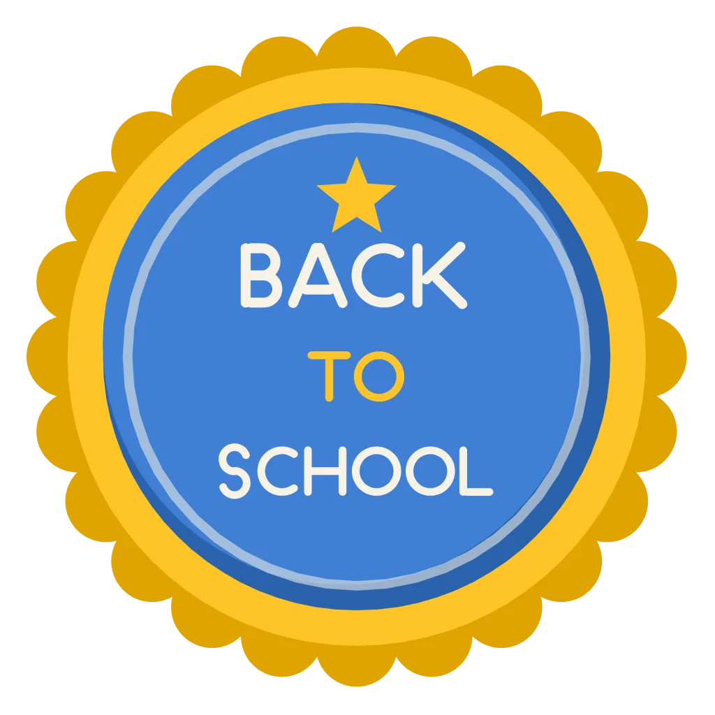 A round blue badge with a scalloped gold edge reading Back to School in three lines, with a star.
