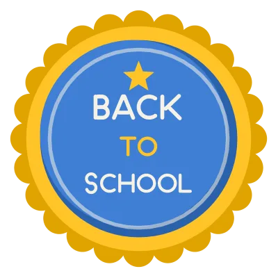 A round blue badge with a scalloped gold edge reading Back to School in three lines, with a star.