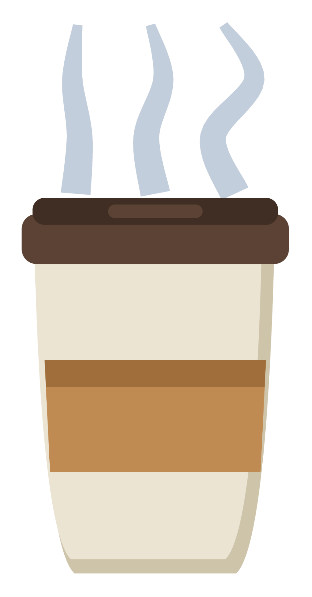 A takeaway coffee cup with a brown lid, a kraft sleeve and three ribbons of steam.