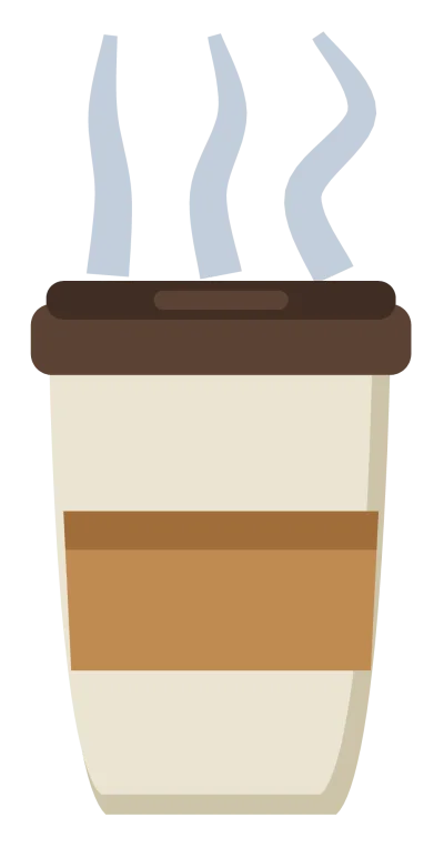 A takeaway coffee cup with a brown lid, a kraft sleeve and three ribbons of steam.
