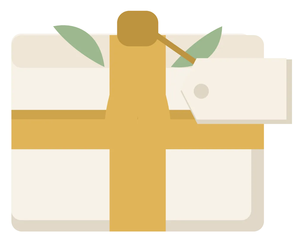 A small ivory favour box tied with a gold ribbon bow and a sprig of foliage.