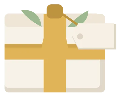 A small ivory favour box tied with a gold ribbon bow and a sprig of foliage.