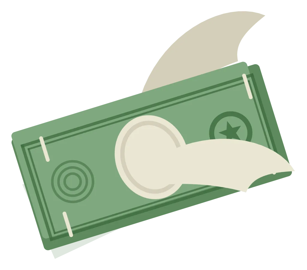 A banknote flying away on a pair of feathered wings, tilted as it goes.
