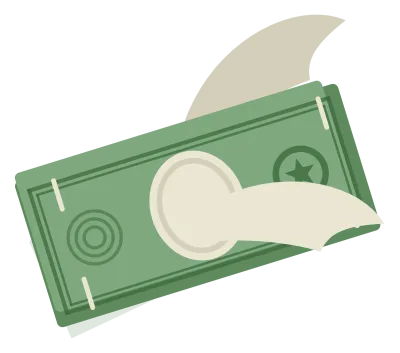 A banknote flying away on a pair of feathered wings, tilted as it goes.
