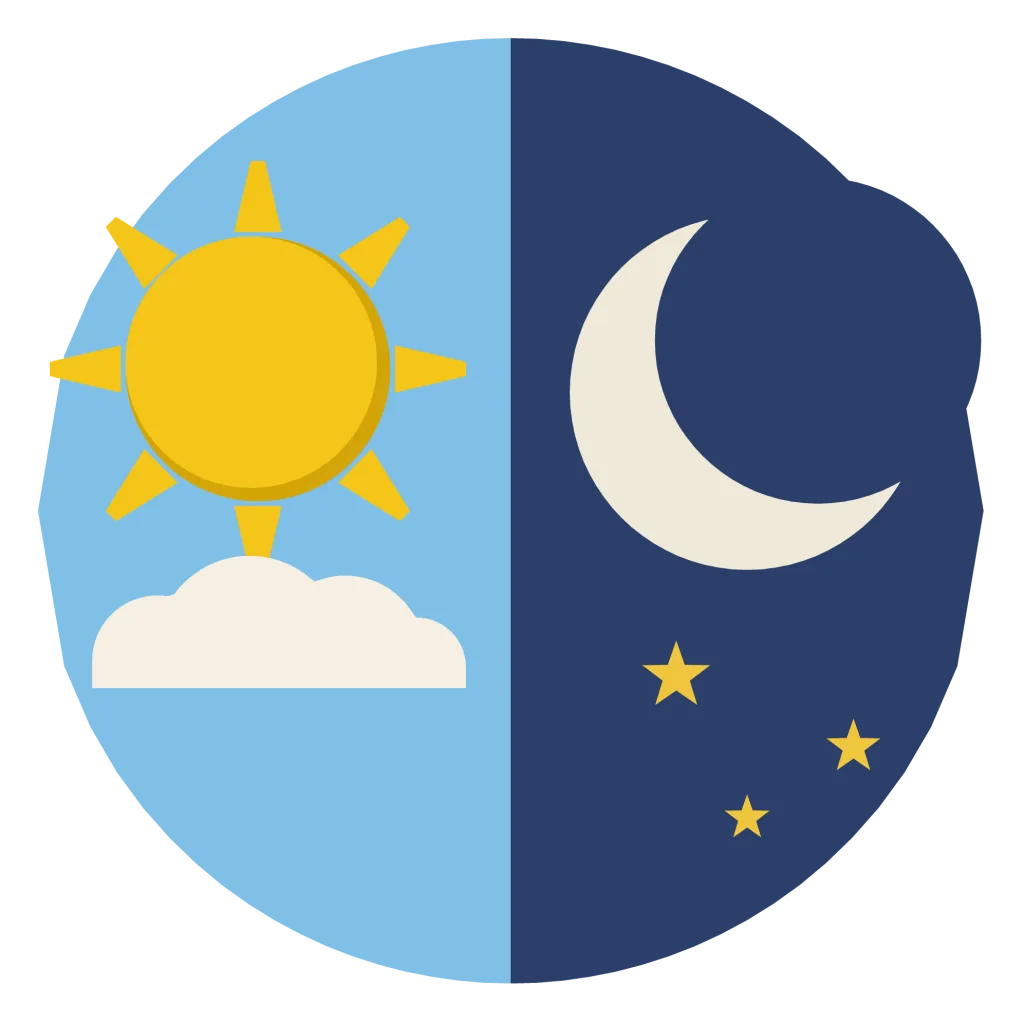 A circle split down the middle, with a blue day sky and sun on one side and a dark night sky and moon on the other.