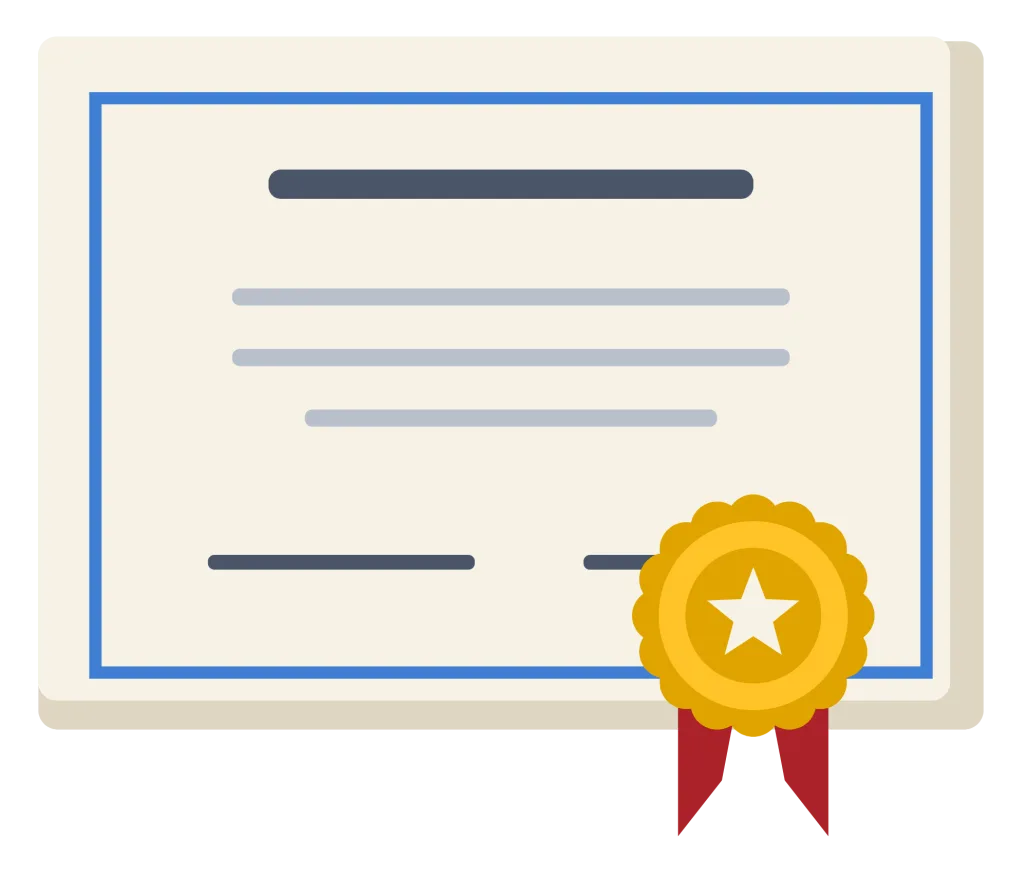 A framed certificate with a ruled heading, a gold seal and a red ribbon at the corner.