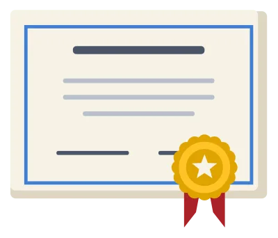 A framed certificate with a ruled heading, a gold seal and a red ribbon at the corner.