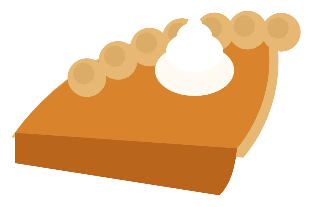 A single slice of pumpkin pie with a golden crimped crust, orange filling and a swirl of whipped cream.