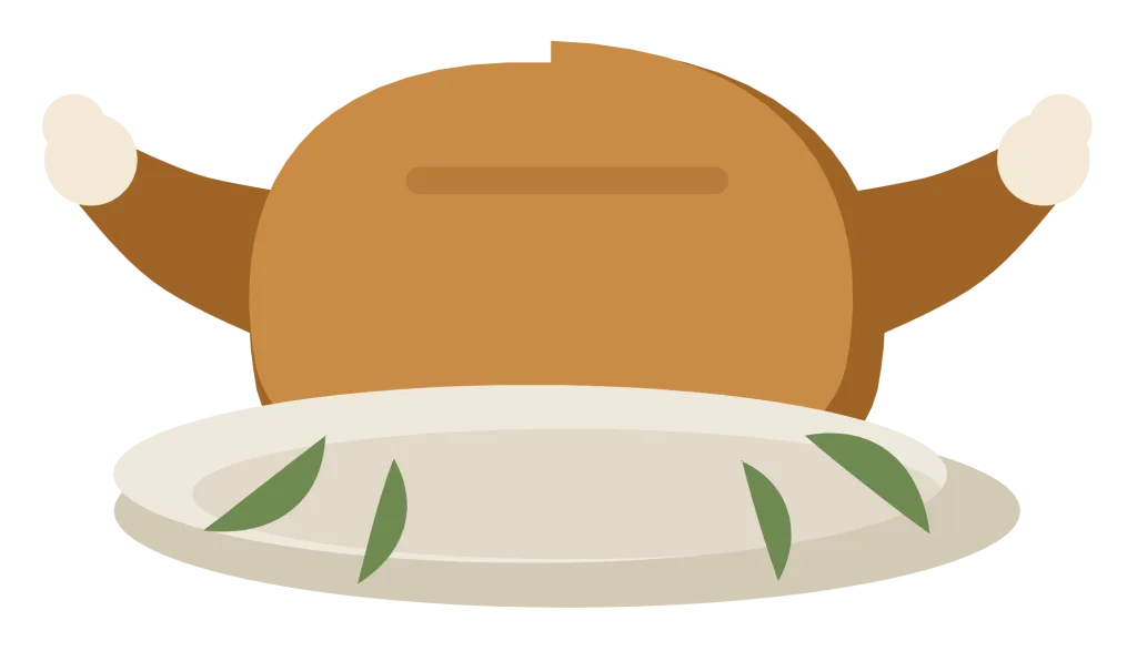 A golden roast turkey on an oval platter, garnished with herbs and two paper frills.