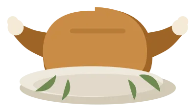 A golden roast turkey on an oval platter, garnished with herbs and two paper frills.