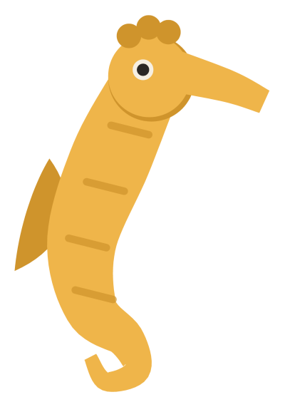 A yellow seahorse in profile, with a curled tail, a tubular snout, a crest of bumps on its head and ridges down its back.