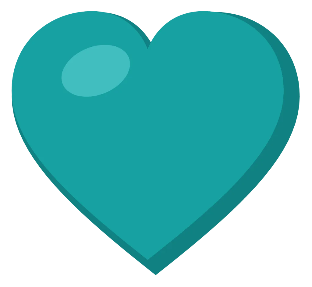 A solid teal heart with a soft highlight on the upper left lobe, drawn as a flat symbol.