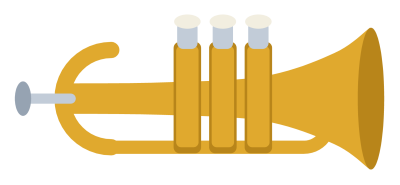 A brass trumpet in side view with a flared bell, three valves and a mouthpiece.