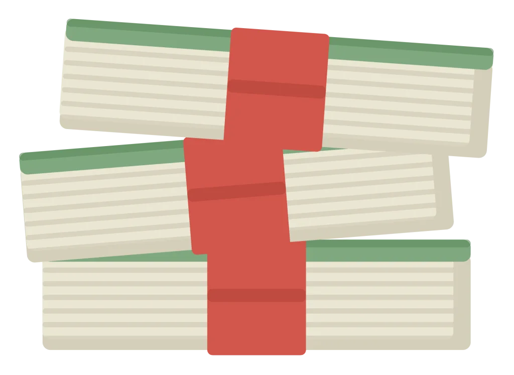 Three banded bundles of banknotes stacked in a pile, each strapped across the middle.
