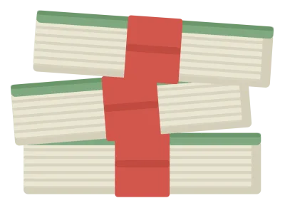 Three banded bundles of banknotes stacked in a pile, each strapped across the middle.