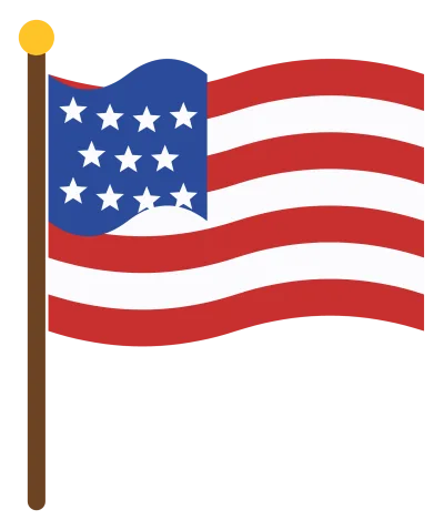 A waving American flag with red and white stripes and a blue canton of white stars, flying from a brown pole.