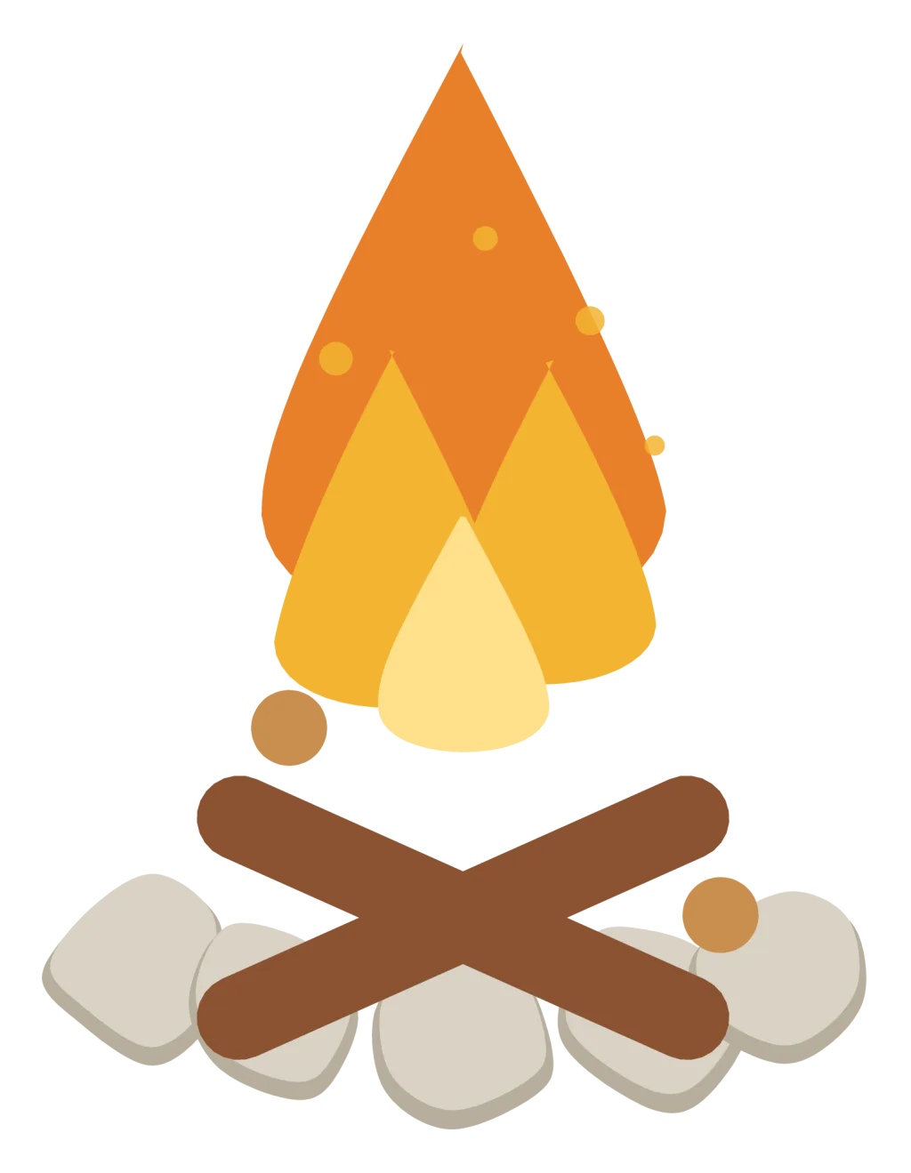 A campfire with crossed logs, orange and yellow flames and a ring of stones.