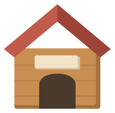 A wooden dog house with a red peaked roof, an arched doorway and a blank name board above it.