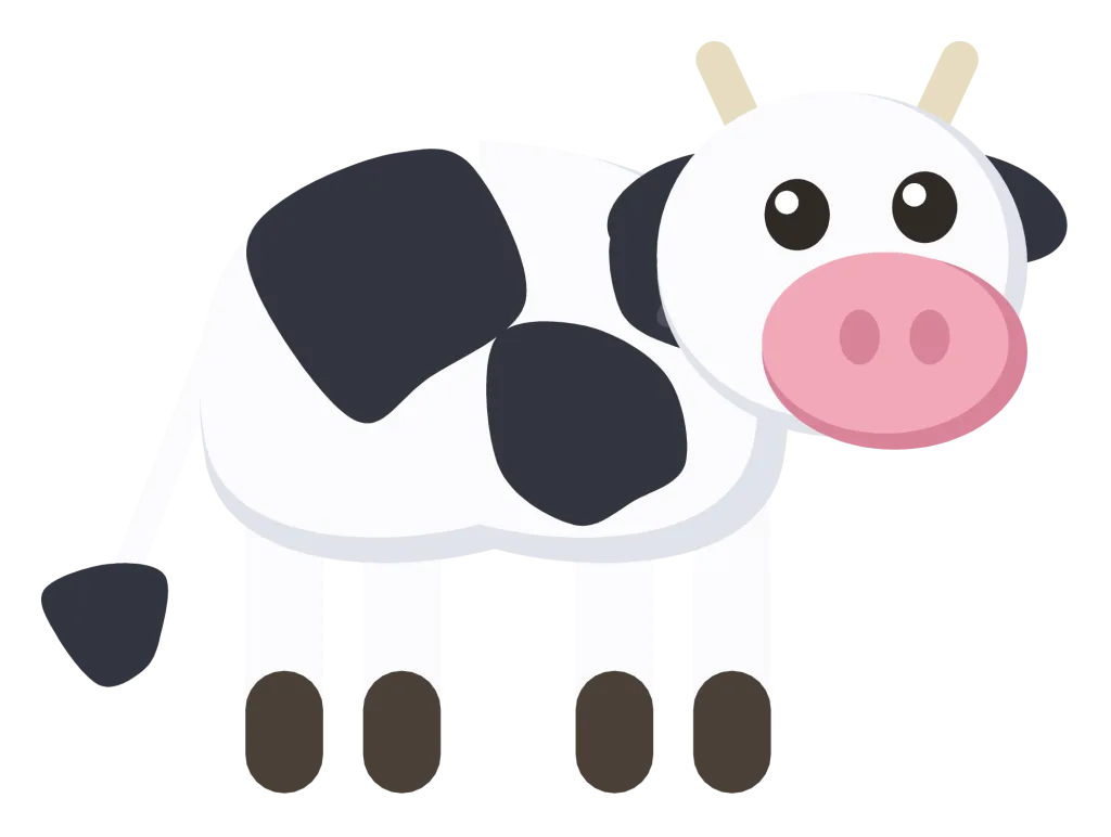 A black and white spotted cow standing in side view with small horns, floppy ears and a tufted tail.