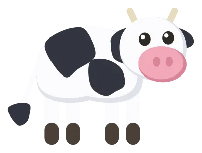 A black and white spotted cow standing in side view with small horns, floppy ears and a tufted tail.