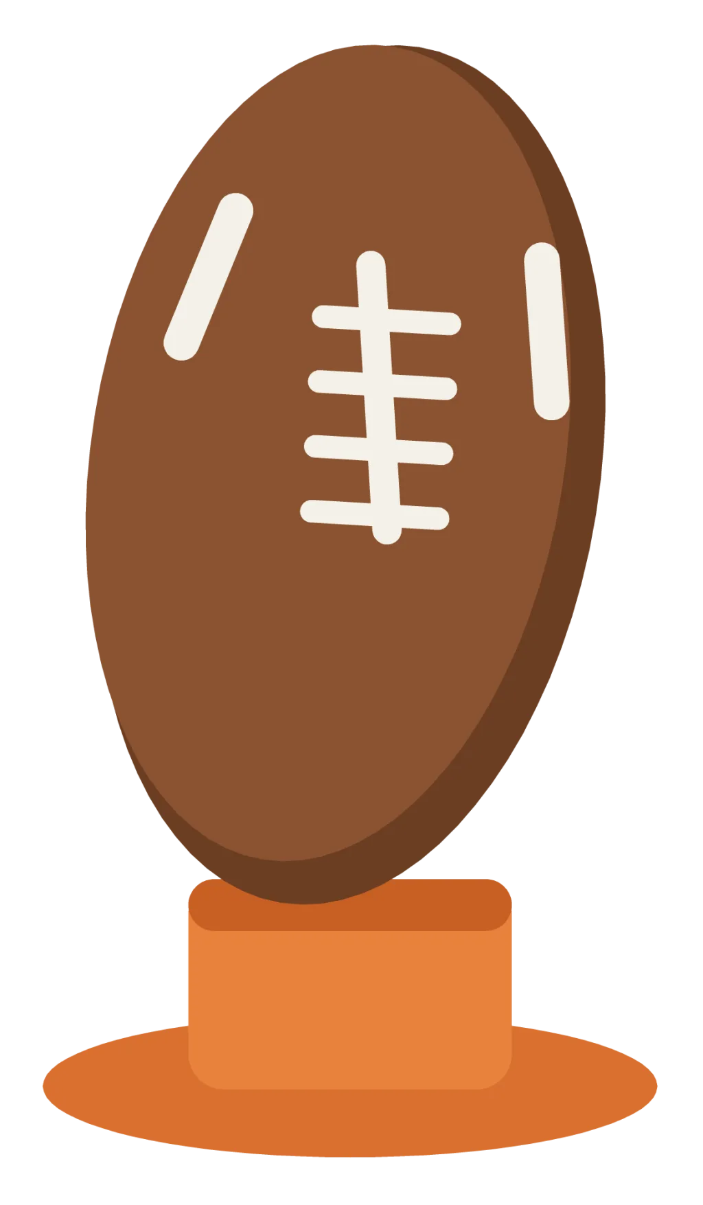 A brown american football standing upright on a small orange kicking tee.