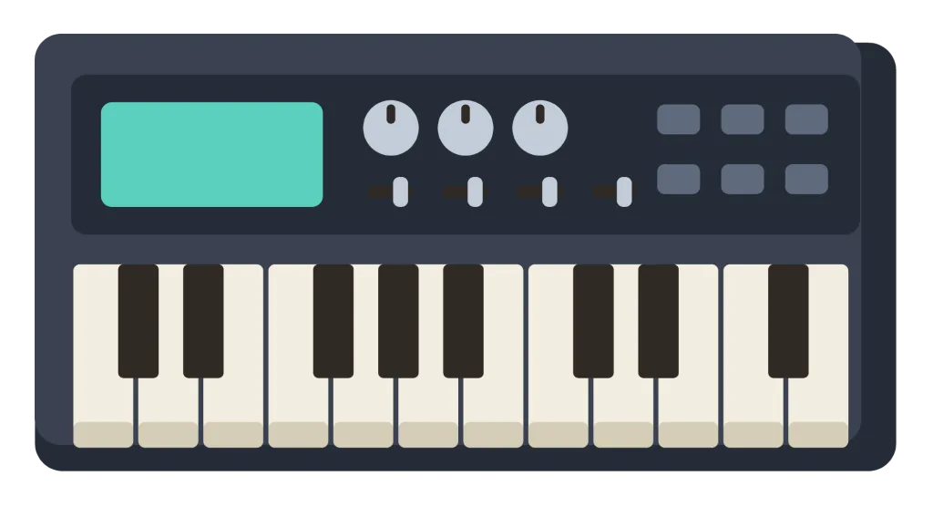 An electronic music keyboard with a control panel of knobs and sliders above the keys.