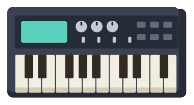 An electronic music keyboard with a control panel of knobs and sliders above the keys.