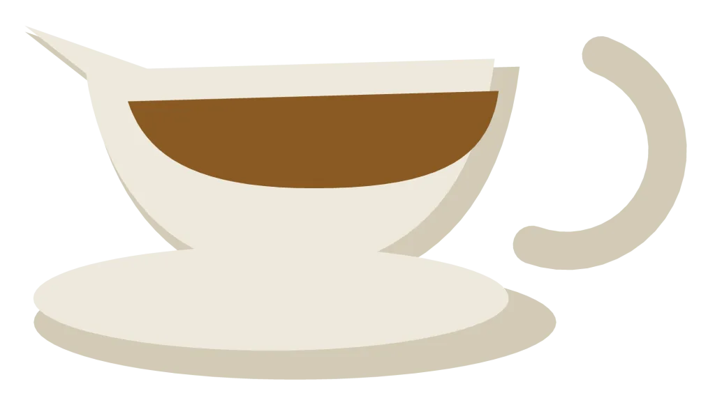 A cream gravy boat on a saucer with a pouring lip, a curved handle and gravy inside.