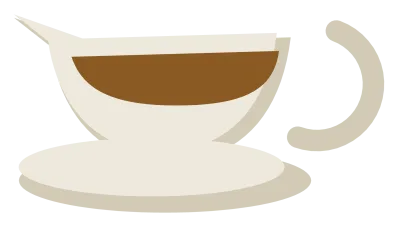 A cream gravy boat on a saucer with a pouring lip, a curved handle and gravy inside.