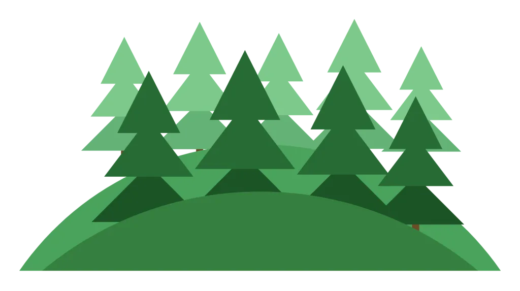 A stand of five pine trees of different heights on a green rise.
