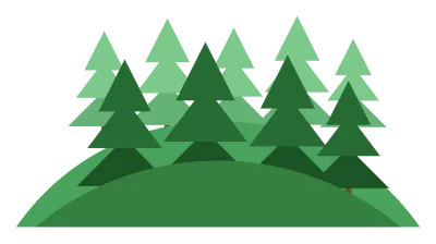 A stand of five pine trees of different heights on a green rise.