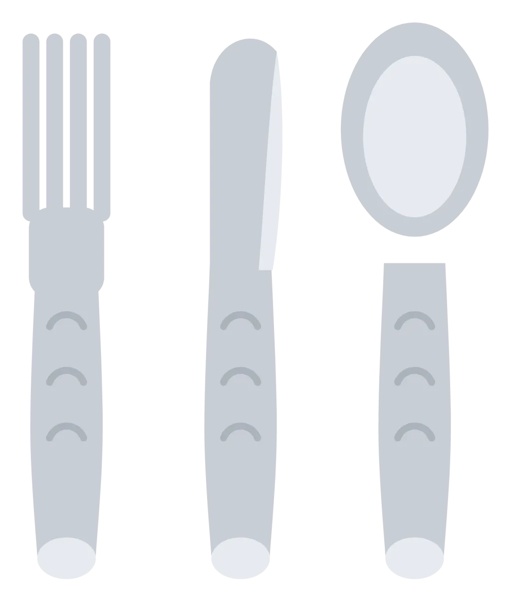 A silver knife, fork and spoon laid side by side with an ornate pattern on each handle.