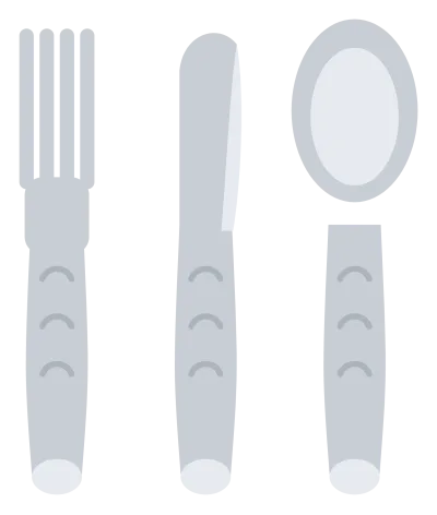 A silver knife, fork and spoon laid side by side with an ornate pattern on each handle.