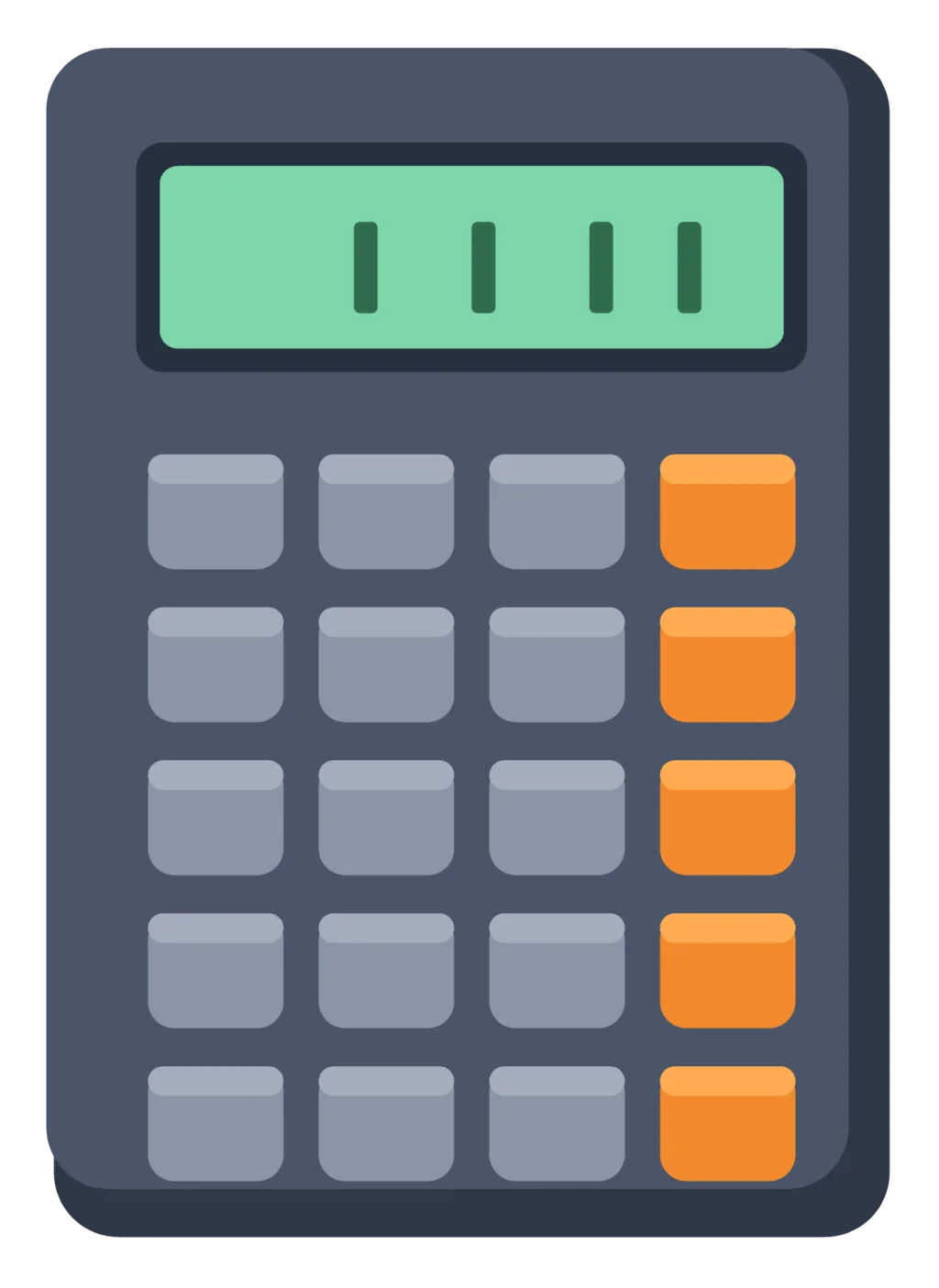 A grey pocket calculator with a green display and a grid of rounded buttons.