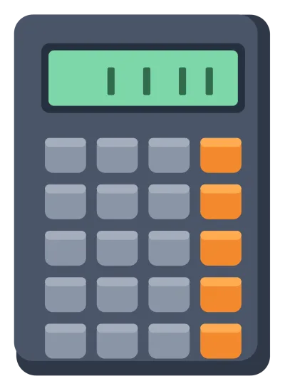 A grey pocket calculator with a green display and a grid of rounded buttons.