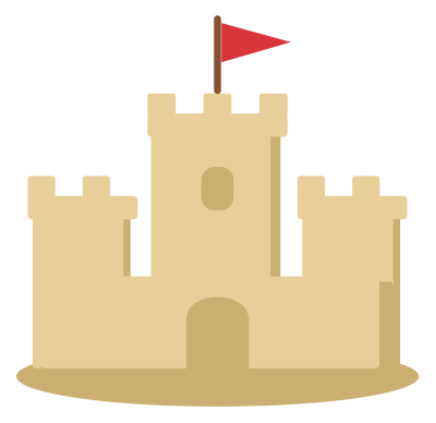 A sandcastle with three battlemented towers, an arched door and a small red flag.