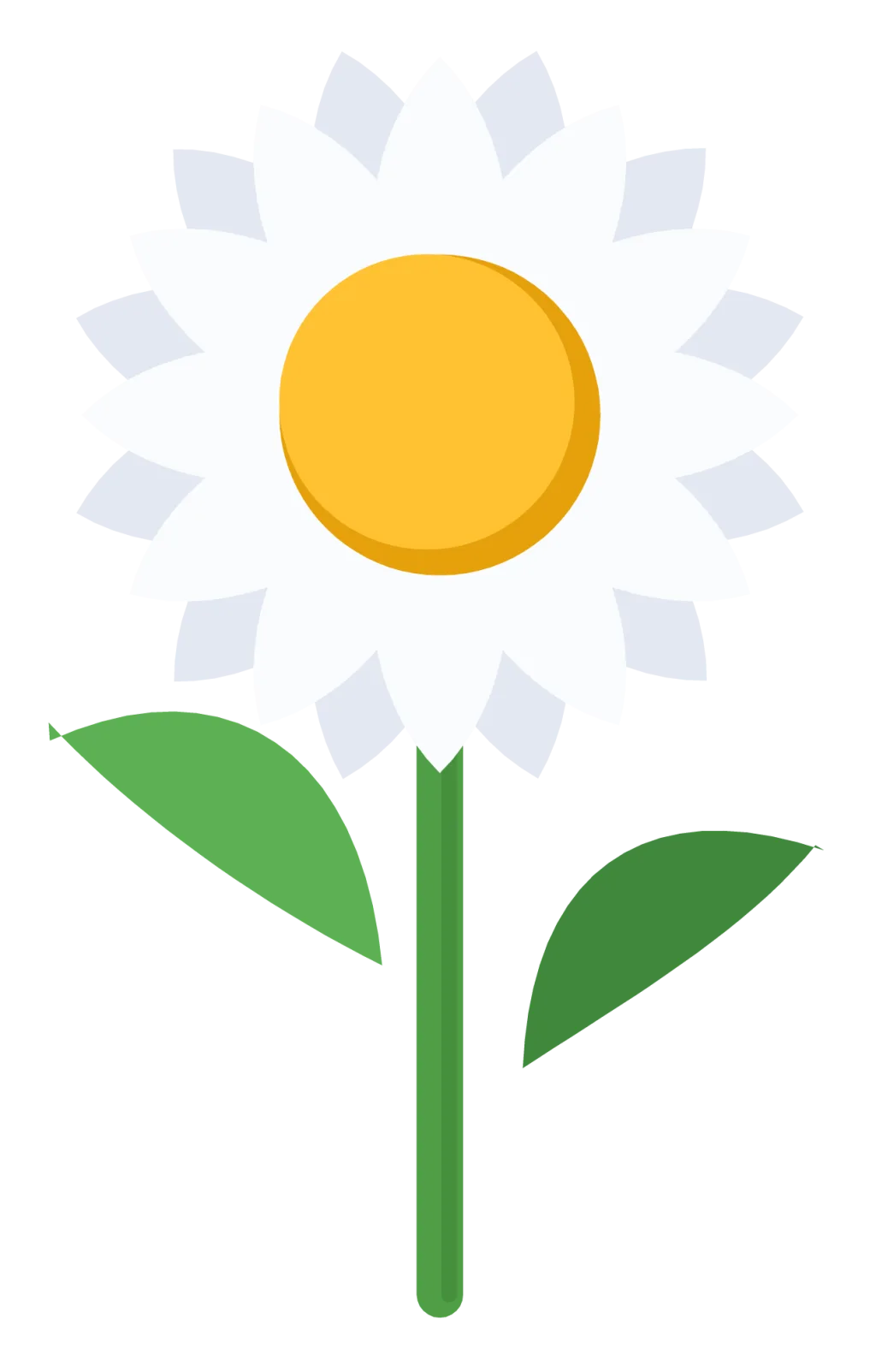 A white daisy with rounded petals, a yellow centre and a slender green stem.