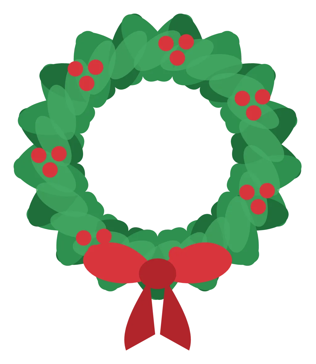 A round green Christmas wreath of layered leaves with red berries and a red bow at the bottom.