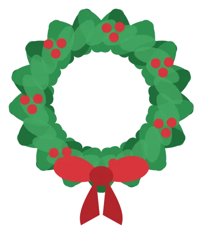 A round green Christmas wreath of layered leaves with red berries and a red bow at the bottom.