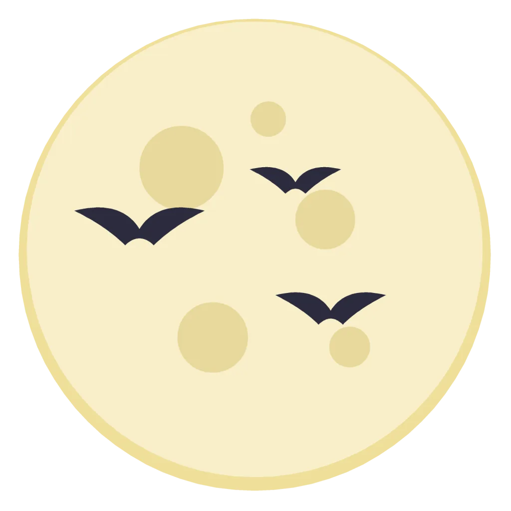 A pale yellow full moon with soft craters, crossed by three small black bat silhouettes.